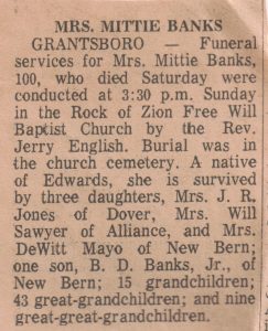 Undated obituary of Mrs. Mittie Banks of Grantsboro, N.C.